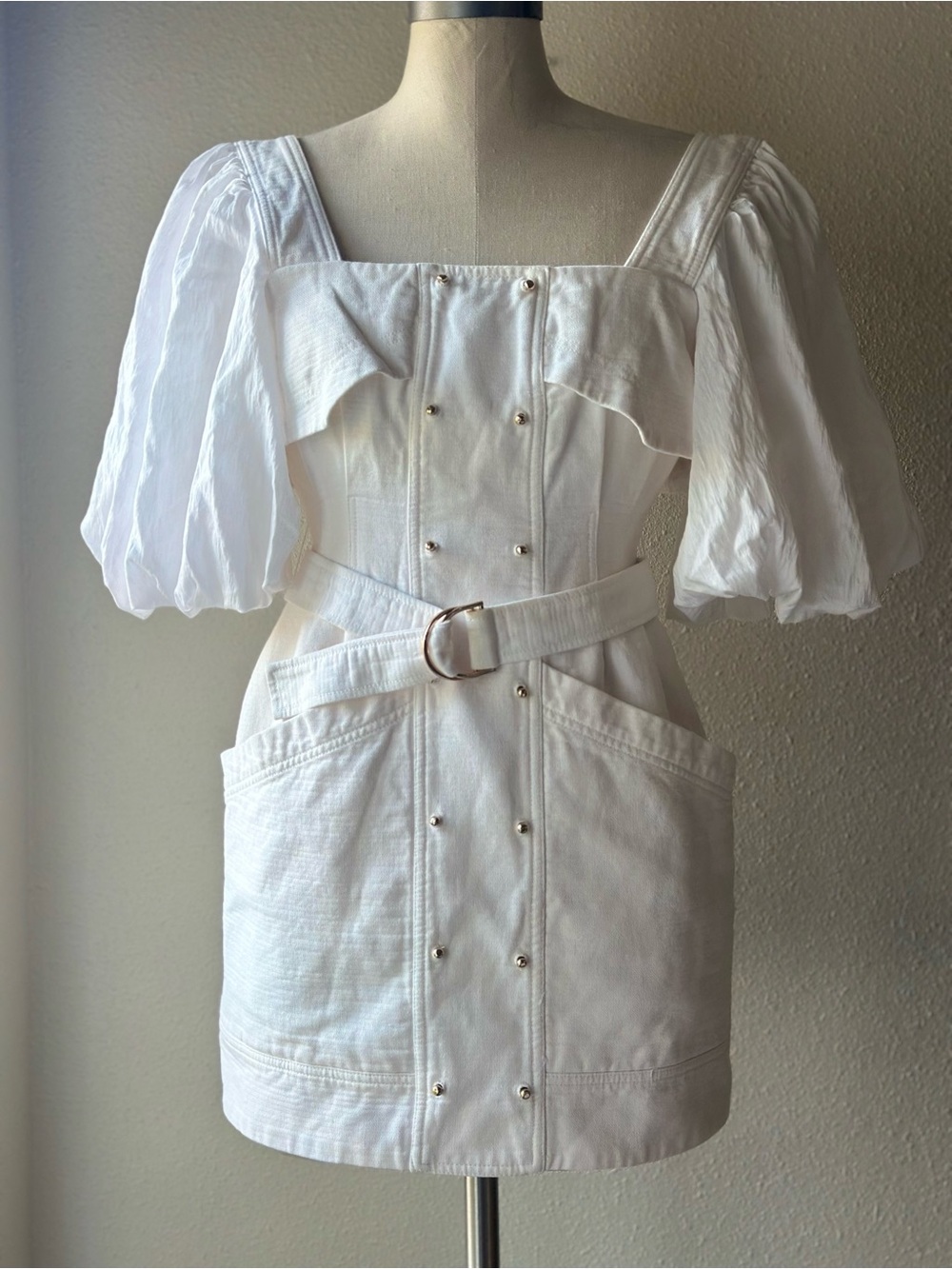 Acler Lovell Button Accent White Puff Sleeve Cotton Linen Mini Dress 2